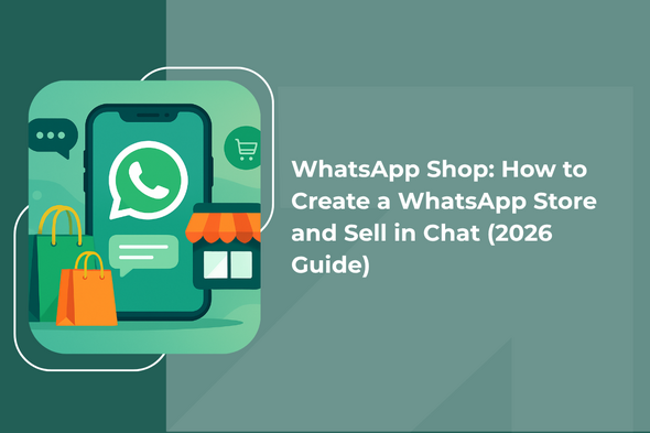 WhatsApp shop illustration showing mobile storefront, product catalog, chat automation, and online selling without a website