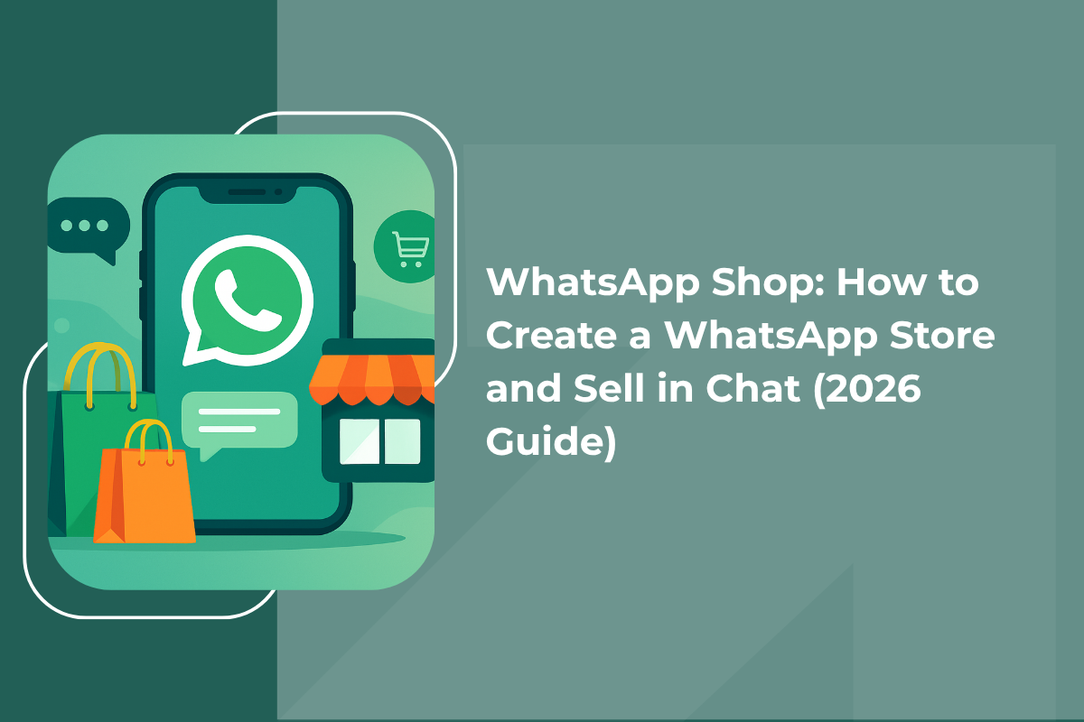 WhatsApp shop illustration showing mobile storefront, product catalog, chat automation, and online selling without a website