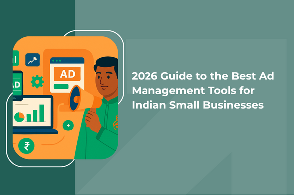 small business owner managing digital advertising campaigns using analytics dashboards, ad tools, and marketing icons.