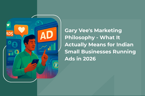 Illustration of a marketer using a smartphone with digital ad analytics dashboard representing Gary Vee marketing philosophy for small business ads