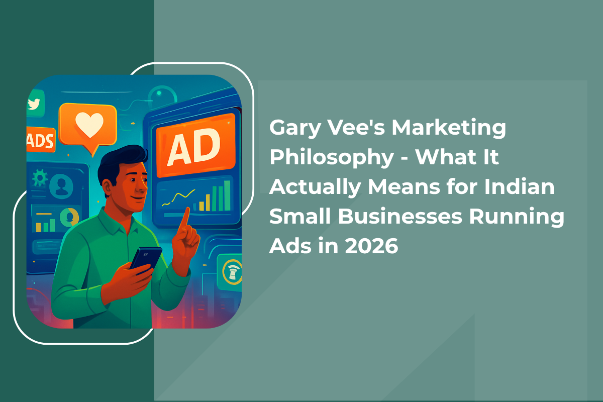 Illustration of a marketer using a smartphone with digital ad analytics dashboard representing Gary Vee marketing philosophy for small business ads