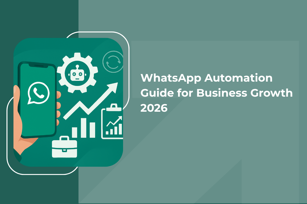 WhatsApp automation with chatbot and business growth icons.
