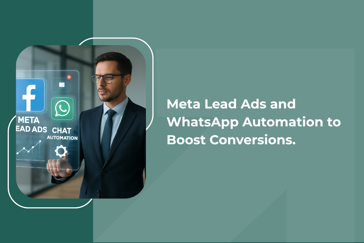 Business professional using Meta Lead Ads and WhatsApp automation tools on a digital interface to improve lead generation and conversion rates.