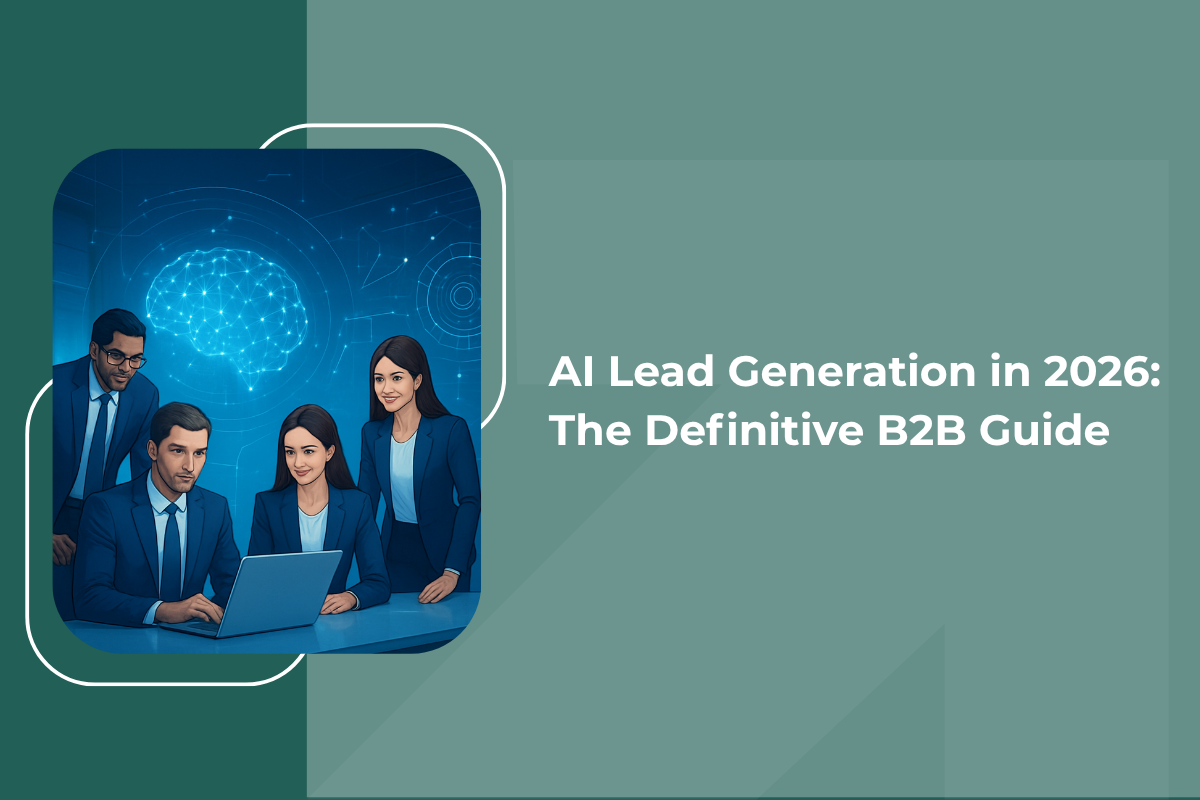Illustration of a business team using AI-powered tools for B2B lead generation beside text about AI lead generation strategies and trends in 2026.