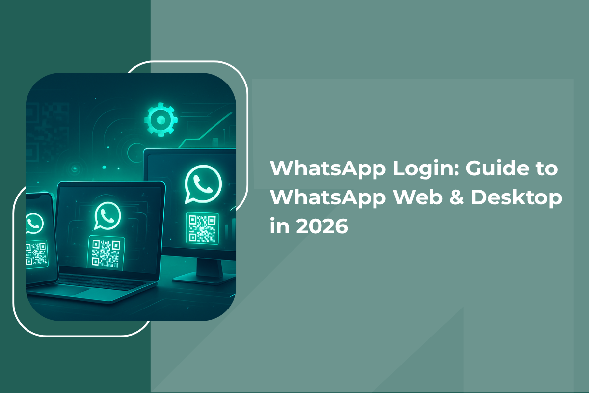 Illustration of WhatsApp Web and Desktop login on multiple devices with QR code scanning and digital interface graphics for 2026 guide.