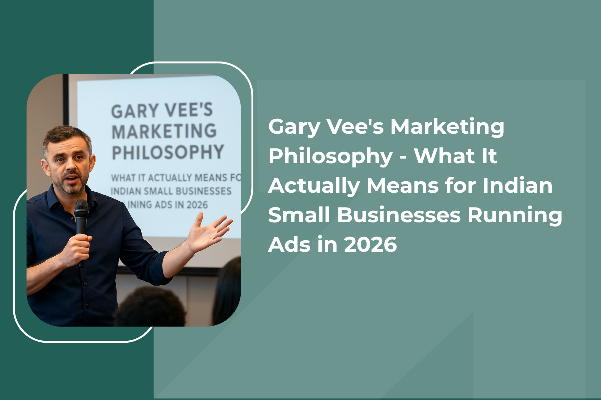 Illustration of a marketer using a smartphone with digital ad analytics dashboard representing Gary Vee marketing philosophy for small business ads